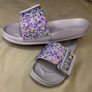 Lilac Rhinestone Slide Sandals with Decorative Buckle